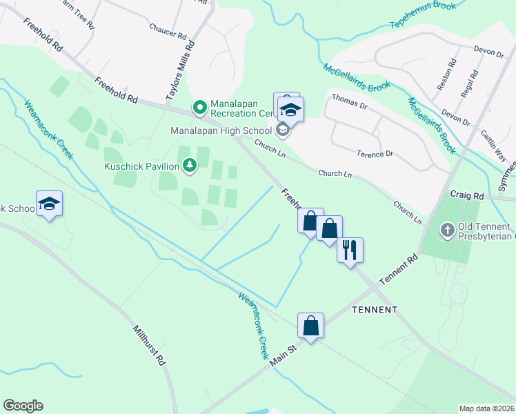 map of restaurants, bars, coffee shops, grocery stores, and more near 123 County Road 522 in Manalapan Township