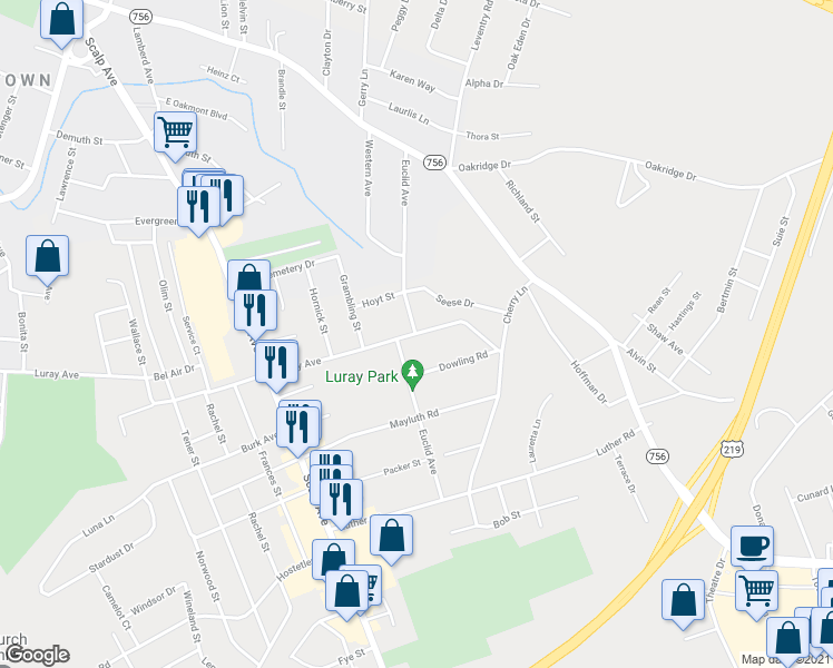 map of restaurants, bars, coffee shops, grocery stores, and more near 900 Luray Avenue in Johnstown