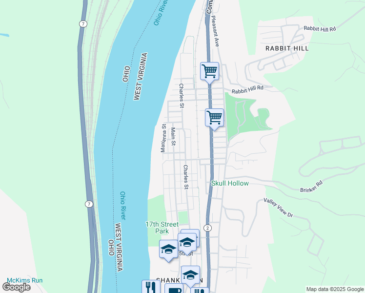map of restaurants, bars, coffee shops, grocery stores, and more near 2220 Charles St in Wellsburg