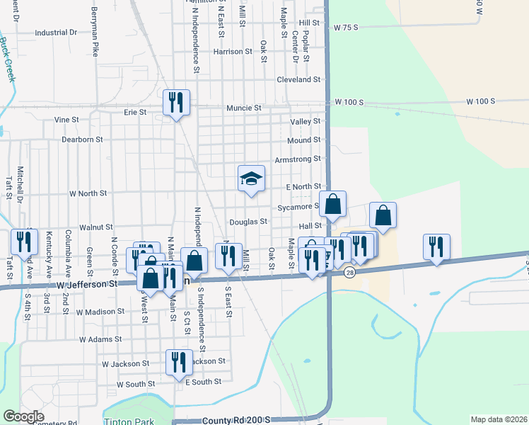 map of restaurants, bars, coffee shops, grocery stores, and more near 312 Oak Street in Tipton