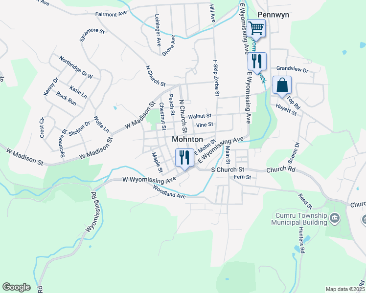 map of restaurants, bars, coffee shops, grocery stores, and more near 48 North Church Street in Mohnton