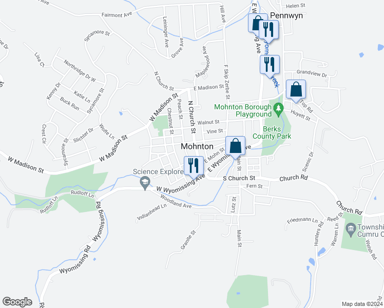 map of restaurants, bars, coffee shops, grocery stores, and more near 48 North Church Street in Mohnton
