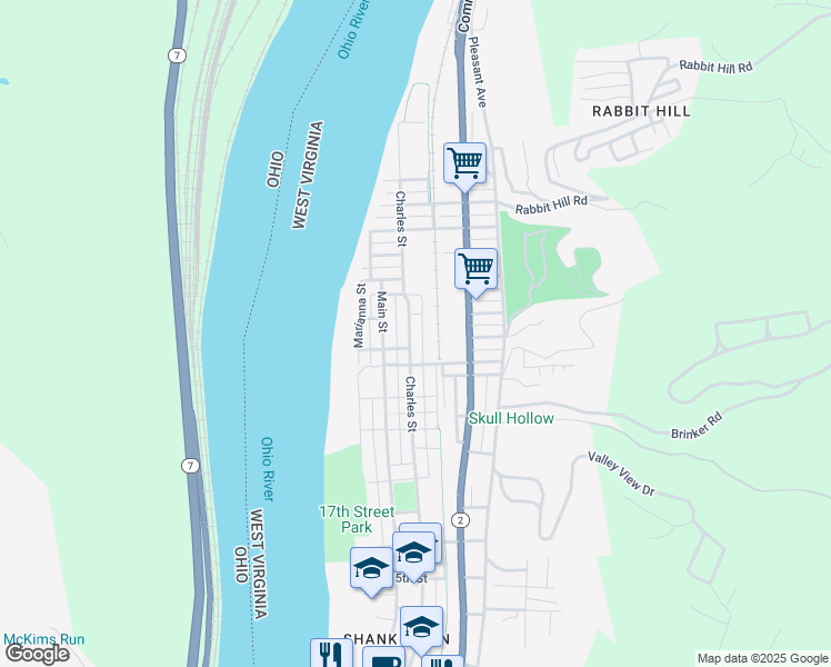 map of restaurants, bars, coffee shops, grocery stores, and more near 2220 Charles St in Wellsburg