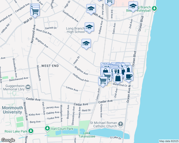 map of restaurants, bars, coffee shops, grocery stores, and more near 235 Brighton Avenue in Long Branch