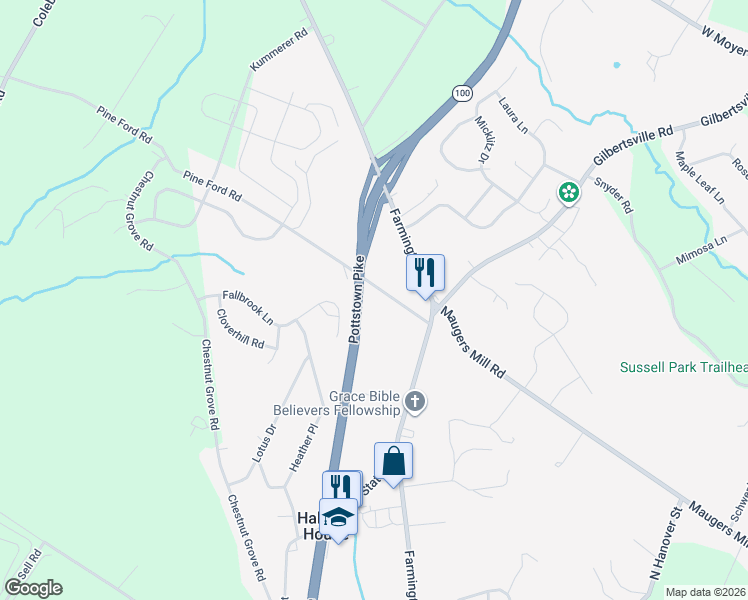 map of restaurants, bars, coffee shops, grocery stores, and more near 126 Pine Ford Road in Pottstown