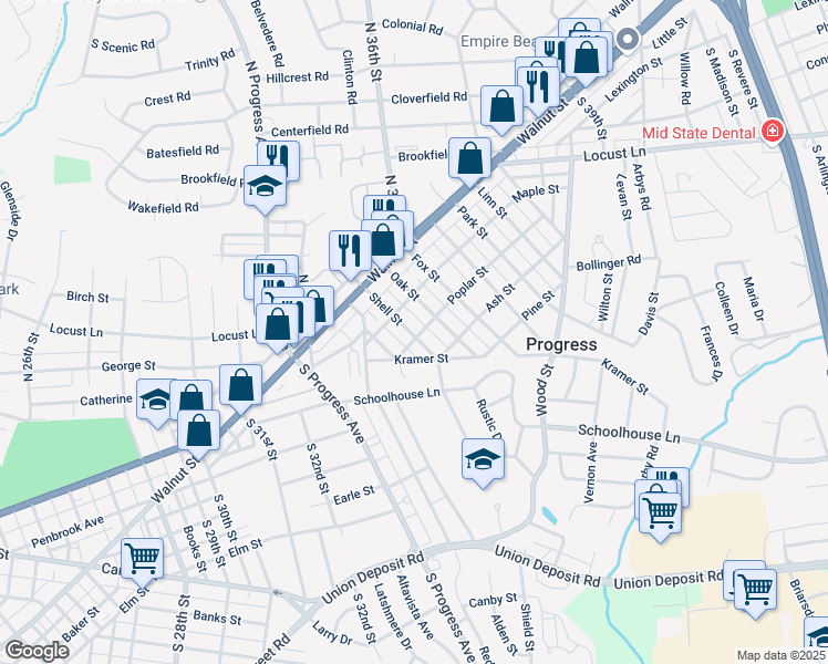 map of restaurants, bars, coffee shops, grocery stores, and more near 109 Shell Street in Harrisburg