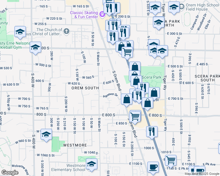 map of restaurants, bars, coffee shops, grocery stores, and more near 98 East 600 South in Orem