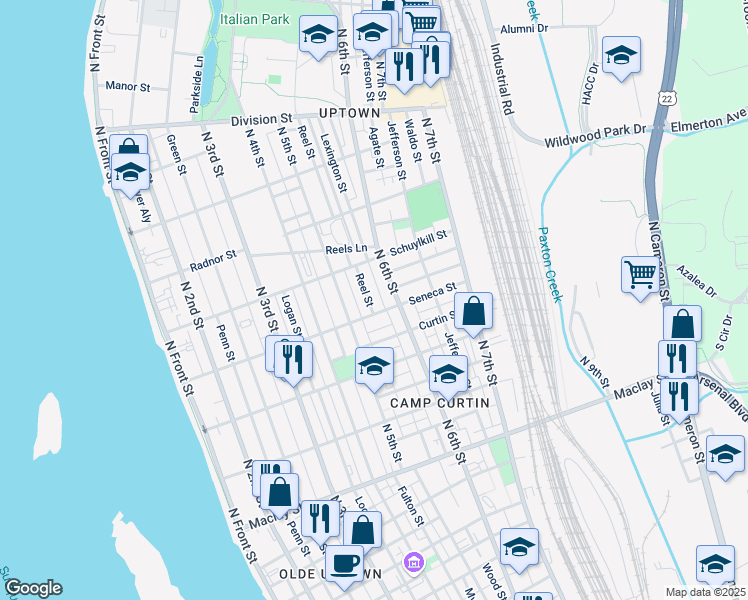 map of restaurants, bars, coffee shops, grocery stores, and more near 2417 Reel Street in Harrisburg