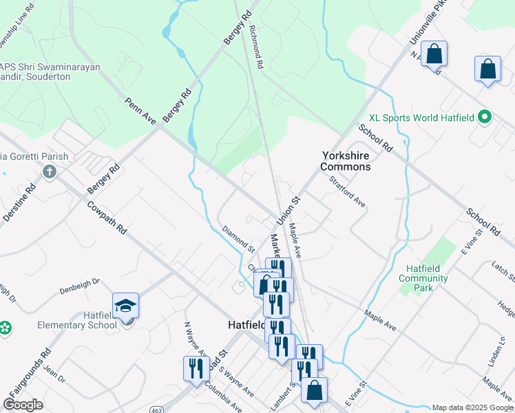 map of restaurants, bars, coffee shops, grocery stores, and more near 144a Penn Avenue in Hatfield