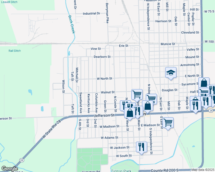 map of restaurants, bars, coffee shops, grocery stores, and more near 321 Green St in Tipton