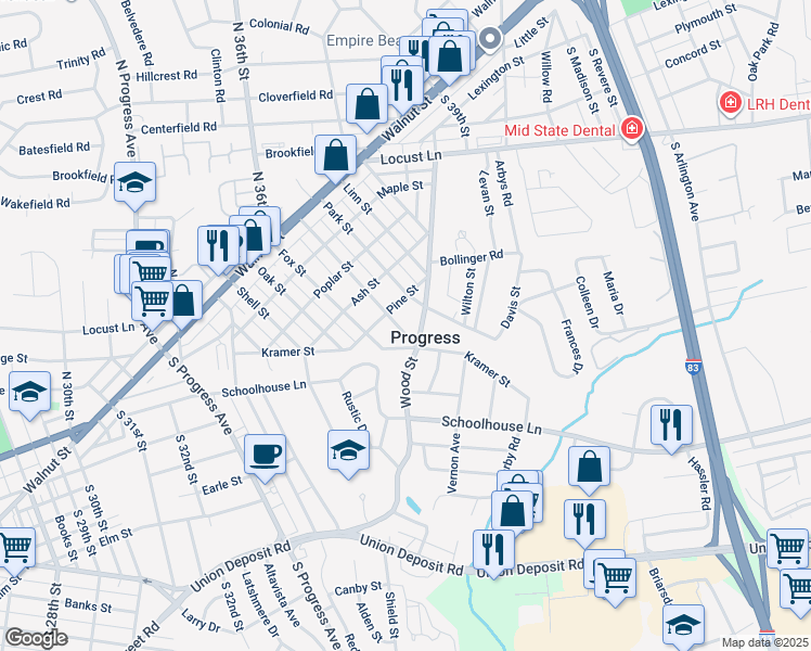 map of restaurants, bars, coffee shops, grocery stores, and more near 412 Fishburn Street in Harrisburg