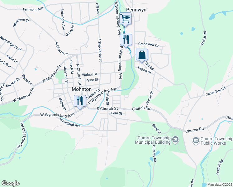 map of restaurants, bars, coffee shops, grocery stores, and more near 33 Front Street in Mohnton