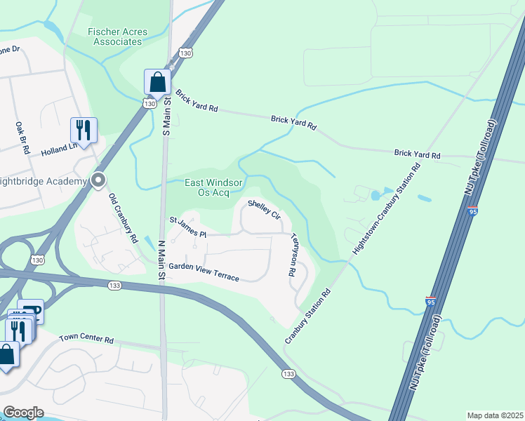 map of restaurants, bars, coffee shops, grocery stores, and more near 58 Shelley Circle in Hightstown