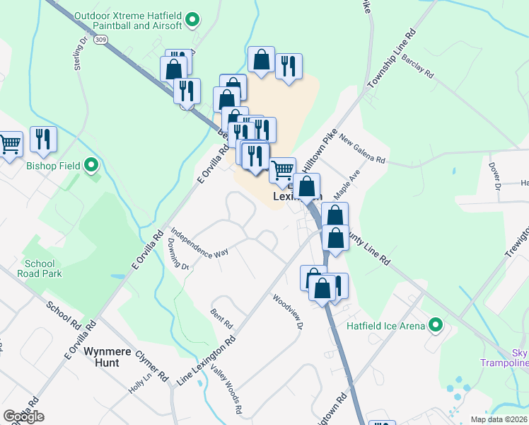 map of restaurants, bars, coffee shops, grocery stores, and more near 1269 Needham Cir in Hatfield