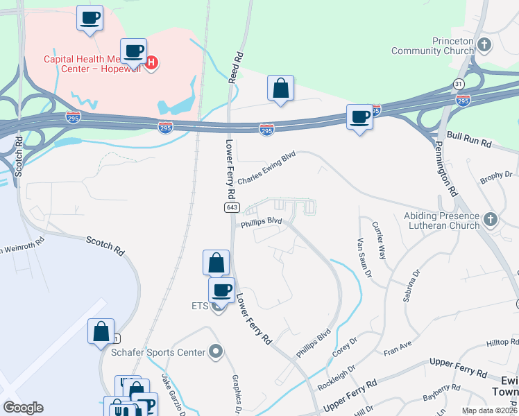 map of restaurants, bars, coffee shops, grocery stores, and more near 322 Timberlake Drive in Ewing Township