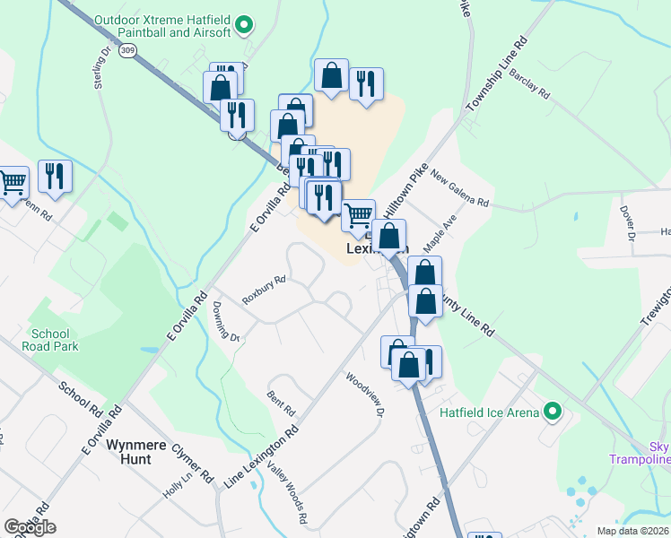 map of restaurants, bars, coffee shops, grocery stores, and more near 1269 Needham Circle in Hatfield