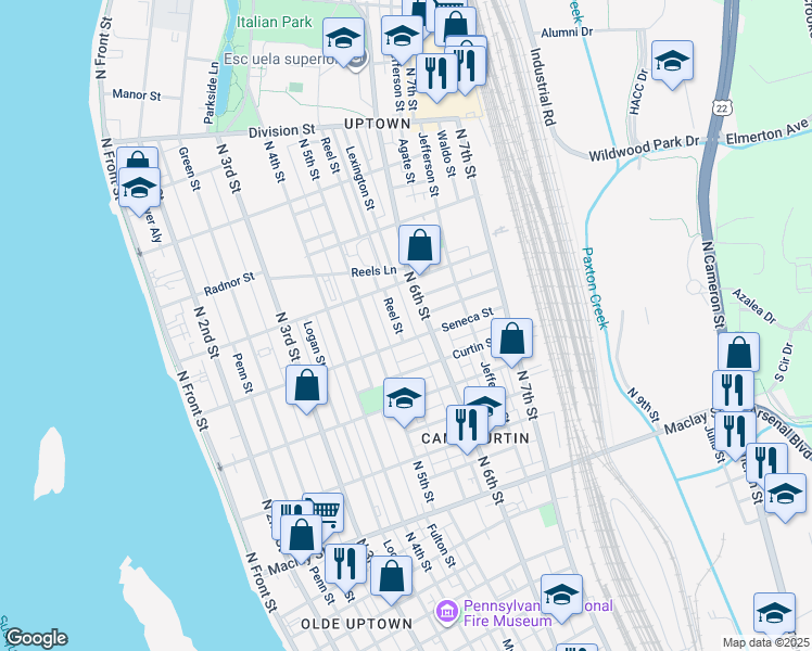 map of restaurants, bars, coffee shops, grocery stores, and more near 2417 Reel Street in Harrisburg