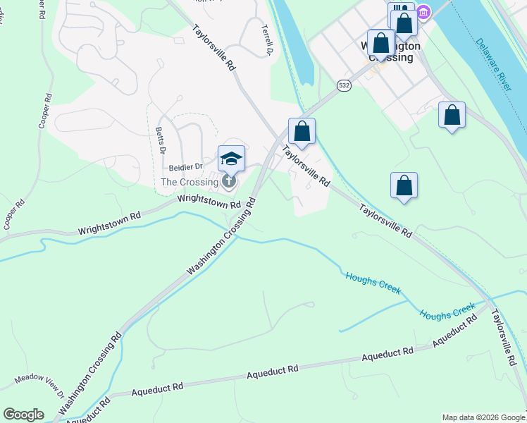 map of restaurants, bars, coffee shops, grocery stores, and more near 1066 Washington Crossing Road in Newtown