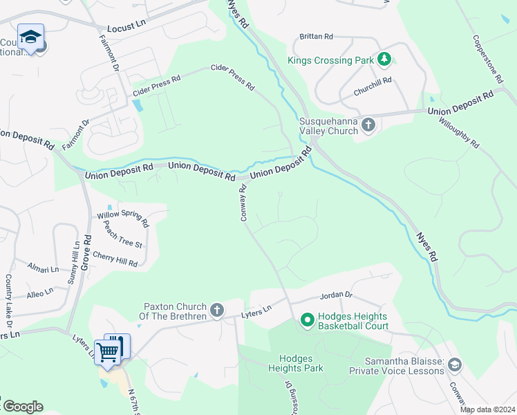 map of restaurants, bars, coffee shops, grocery stores, and more near 6445 Finch Lane in Harrisburg
