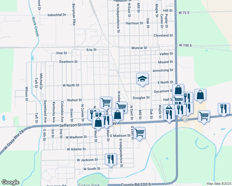 map of restaurants, bars, coffee shops, grocery stores, and more near 316 North Independence Street in Tipton