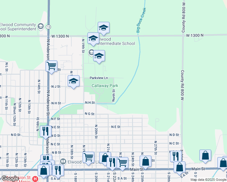 map of restaurants, bars, coffee shops, grocery stores, and more near North Street in Elwood