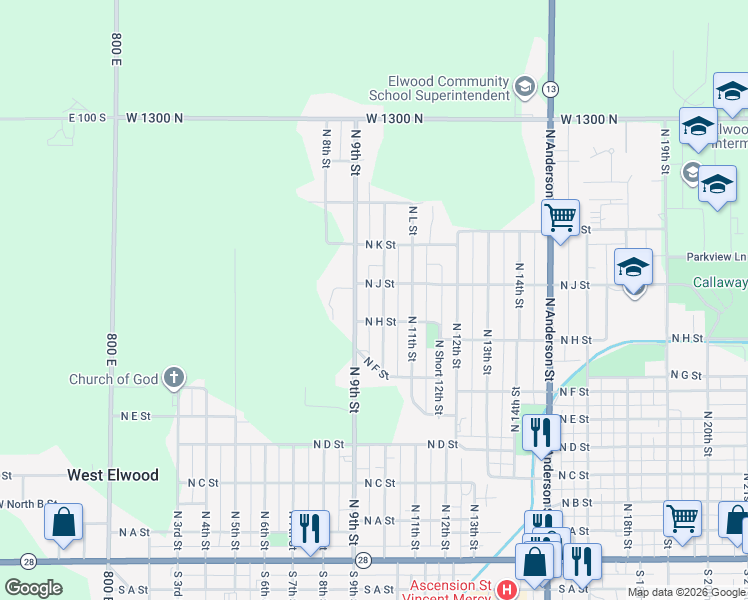map of restaurants, bars, coffee shops, grocery stores, and more near 924 North 10th Street in Elwood