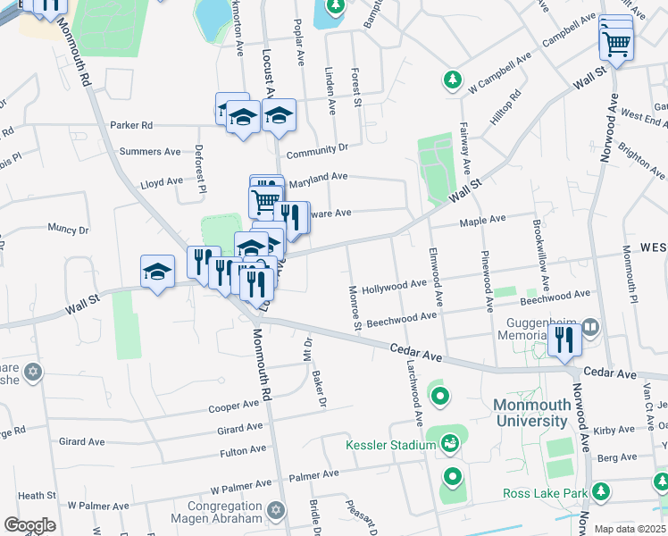 map of restaurants, bars, coffee shops, grocery stores, and more near 11 Monroe Street in West Long Branch