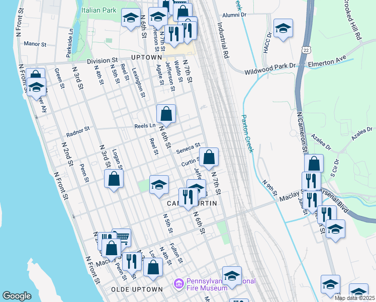 map of restaurants, bars, coffee shops, grocery stores, and more near 625 Seneca Street in Harrisburg
