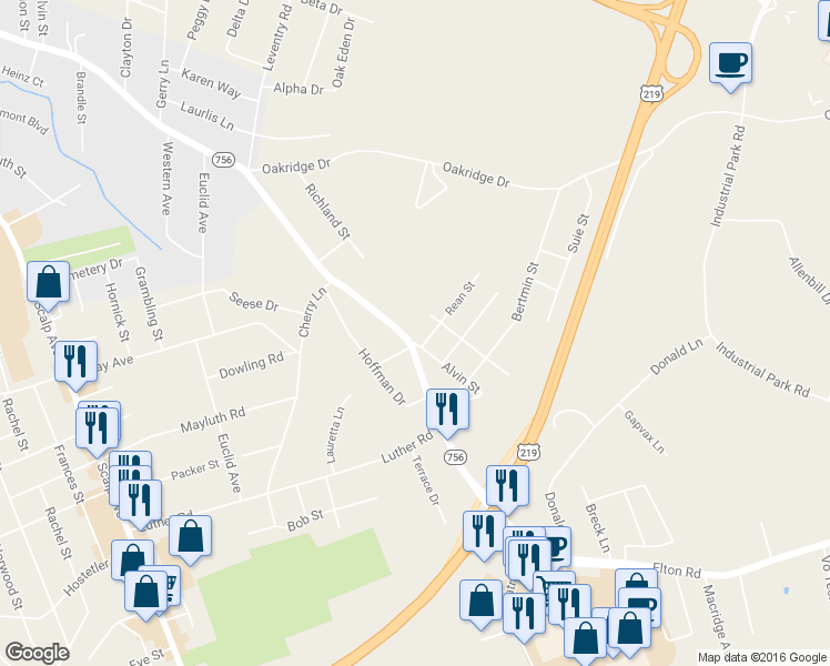 map of restaurants, bars, coffee shops, grocery stores, and more near 2857 Bedford Street in Johnstown