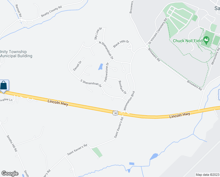 map of restaurants, bars, coffee shops, grocery stores, and more near 106 Redwood Circle in Latrobe