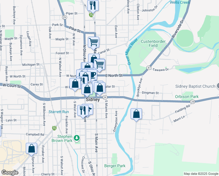 map of restaurants, bars, coffee shops, grocery stores, and more near 315 1/2 East Poplar Street in Sidney