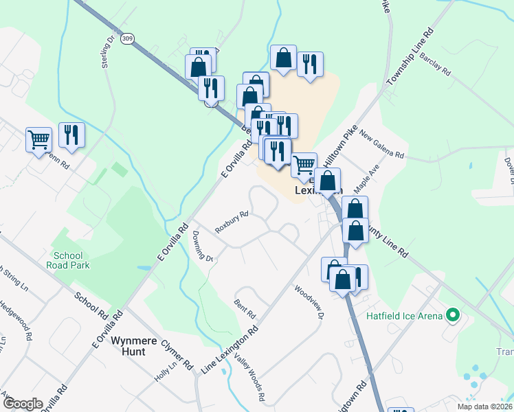 map of restaurants, bars, coffee shops, grocery stores, and more near 1222 Needham Circle in Hatfield