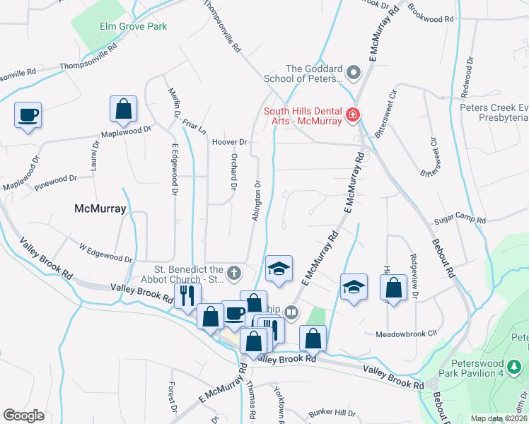 map of restaurants, bars, coffee shops, grocery stores, and more near 122 Cidar Lane in McMurray