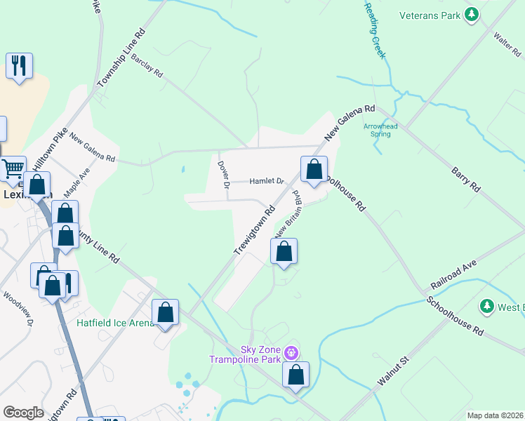 map of restaurants, bars, coffee shops, grocery stores, and more near 214 Village Way in Chalfont