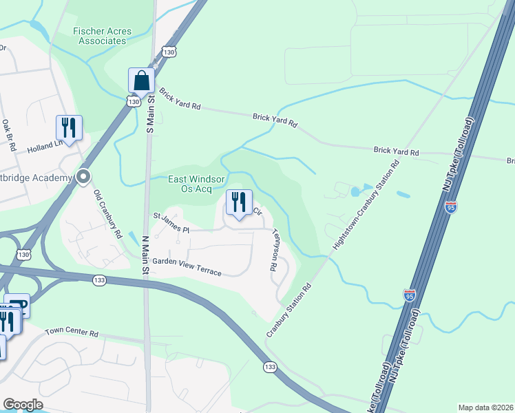 map of restaurants, bars, coffee shops, grocery stores, and more near 73 Shelley Circle in East Windsor