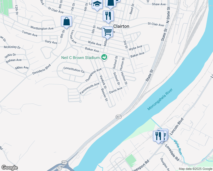 map of restaurants, bars, coffee shops, grocery stores, and more near 864 Vankirk Street in Clairton
