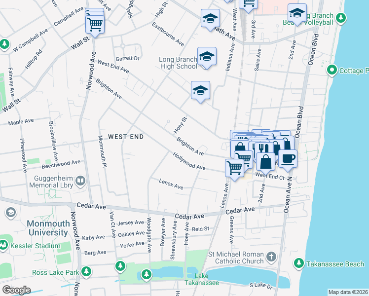 map of restaurants, bars, coffee shops, grocery stores, and more near 264 Brighton Ave in Long Branch