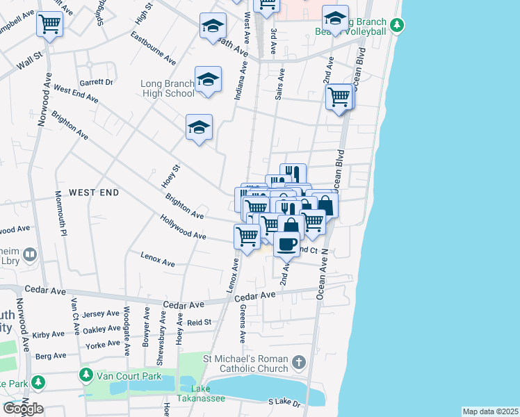 map of restaurants, bars, coffee shops, grocery stores, and more near 146 West End Avenue in Long Branch
