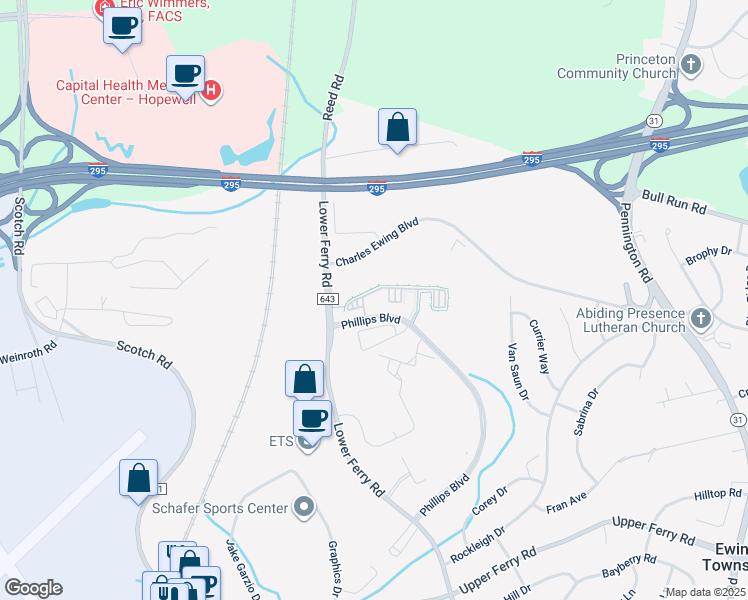 map of restaurants, bars, coffee shops, grocery stores, and more near 322 Timberlake Drive in Ewing Township