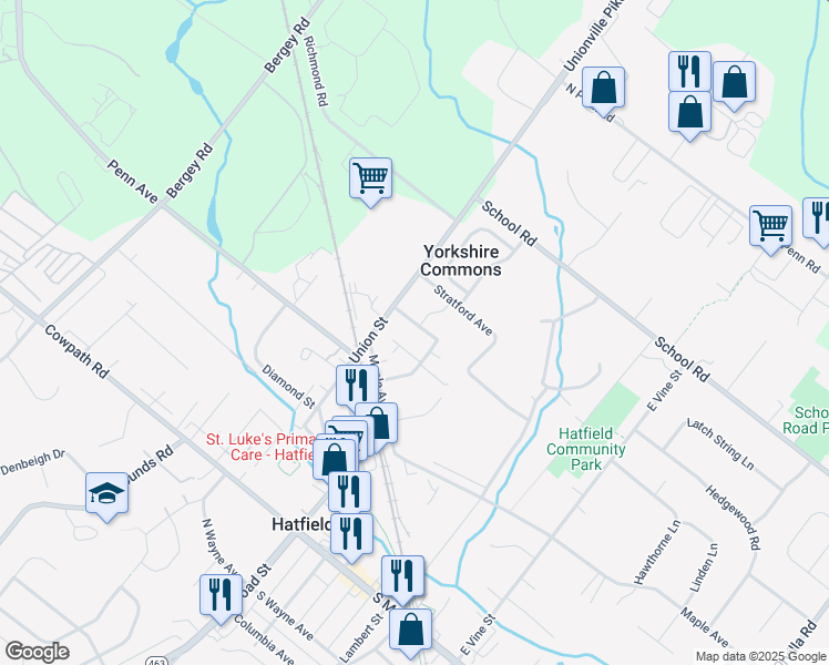 map of restaurants, bars, coffee shops, grocery stores, and more near 8 North Girard Terrace in Hatfield