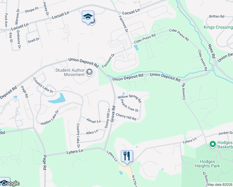 map of restaurants, bars, coffee shops, grocery stores, and more near 6002 Willow Spring Road in Harrisburg