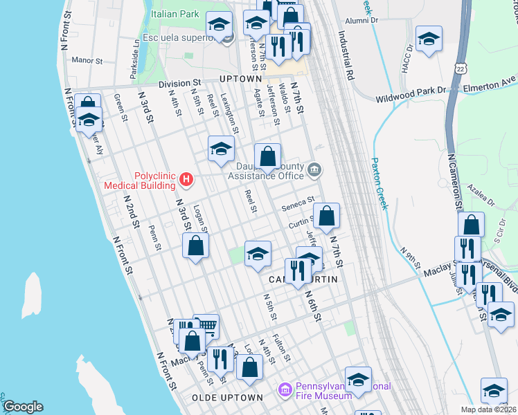 map of restaurants, bars, coffee shops, grocery stores, and more near 2422 Reel Street in Harrisburg