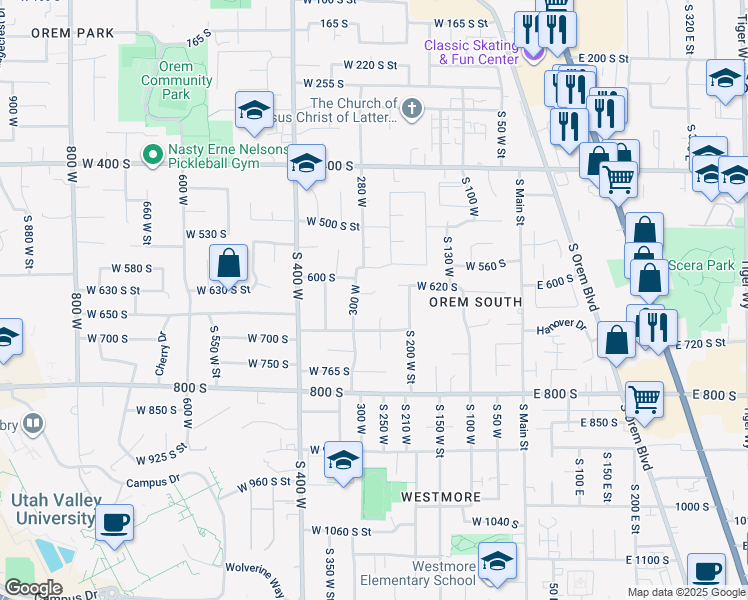 map of restaurants, bars, coffee shops, grocery stores, and more near 279 West 630 South in Orem