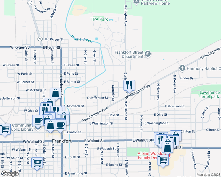 map of restaurants, bars, coffee shops, grocery stores, and more near 608 Catterlin St in Frankfort