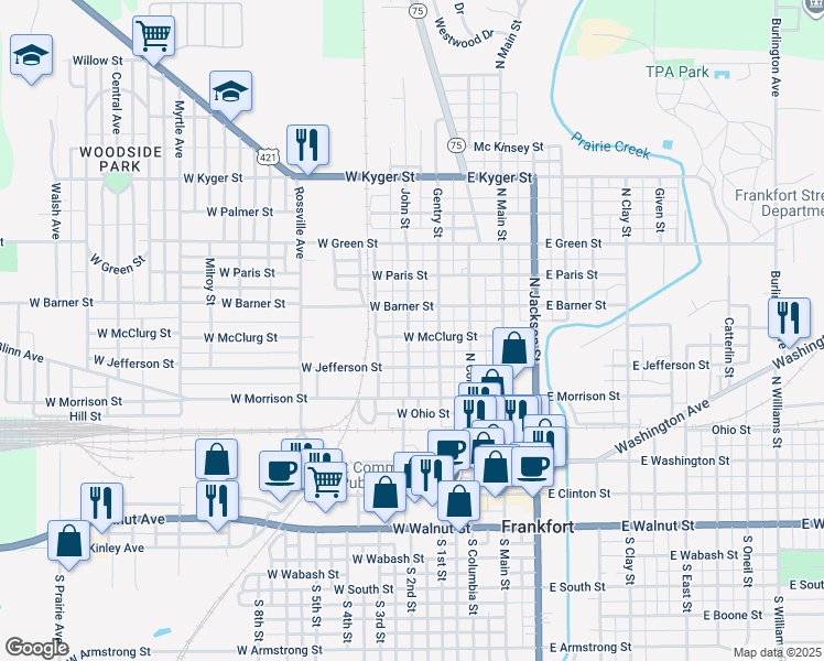 map of restaurants, bars, coffee shops, grocery stores, and more near 356 West McClurg Street in Frankfort
