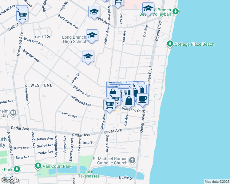 map of restaurants, bars, coffee shops, grocery stores, and more near 146 West End Avenue in Long Branch