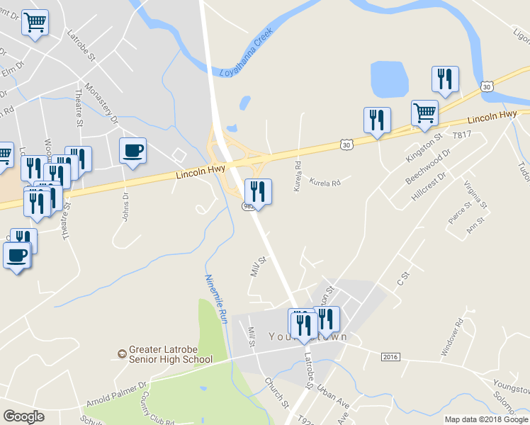 map of restaurants, bars, coffee shops, grocery stores, and more near 4458 Route 982 in Latrobe