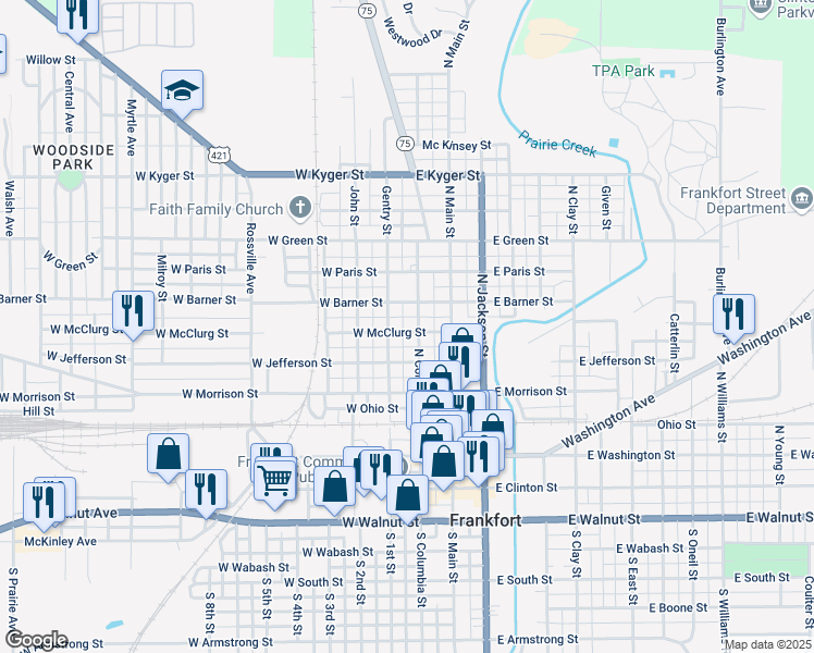 map of restaurants, bars, coffee shops, grocery stores, and more near 208 West McClurg Street in Frankfort