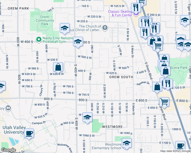 map of restaurants, bars, coffee shops, grocery stores, and more near 279 West 630 South in Orem