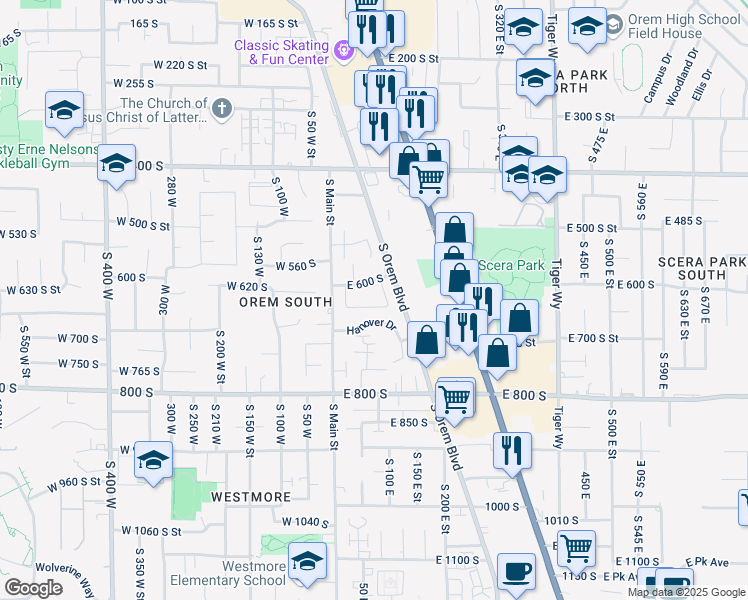 map of restaurants, bars, coffee shops, grocery stores, and more near 94 East 600 South in Orem
